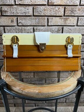 Adriana Jimenez Vintage Wood Handle Bag in Brown and Cream with Leather Detail.